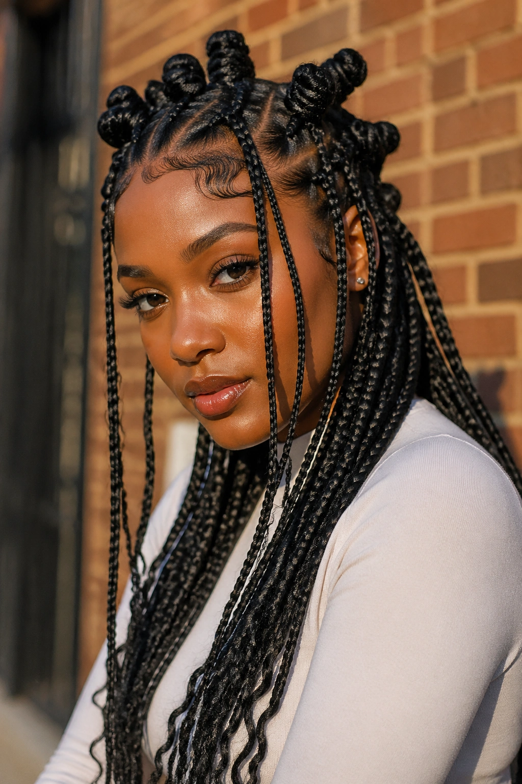 Close-up portrait of a real person with layered Fulani braids of mixed sizes