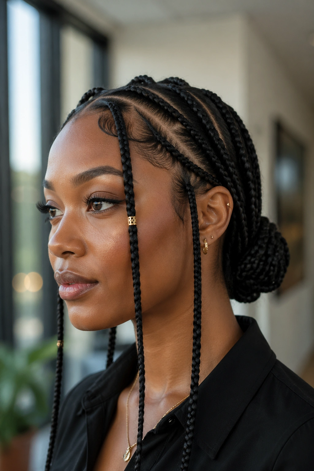 Close-up portrait of a real person with a low bun Fulani braids and hidden knots