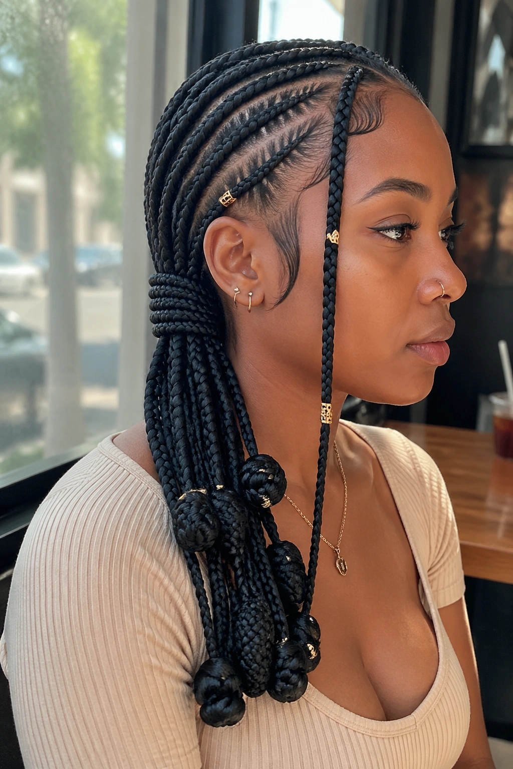 Close-up portrait of a real person with side ponytail Fulani braids and wrapped base knots