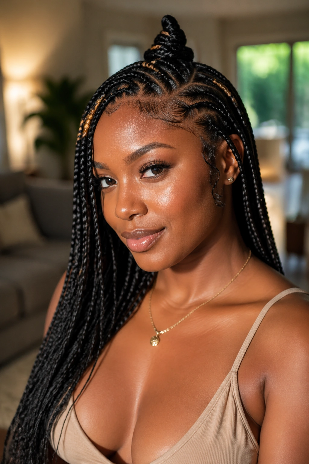 Close-up of a real woman with side swept Fulani braids and a single knot stack