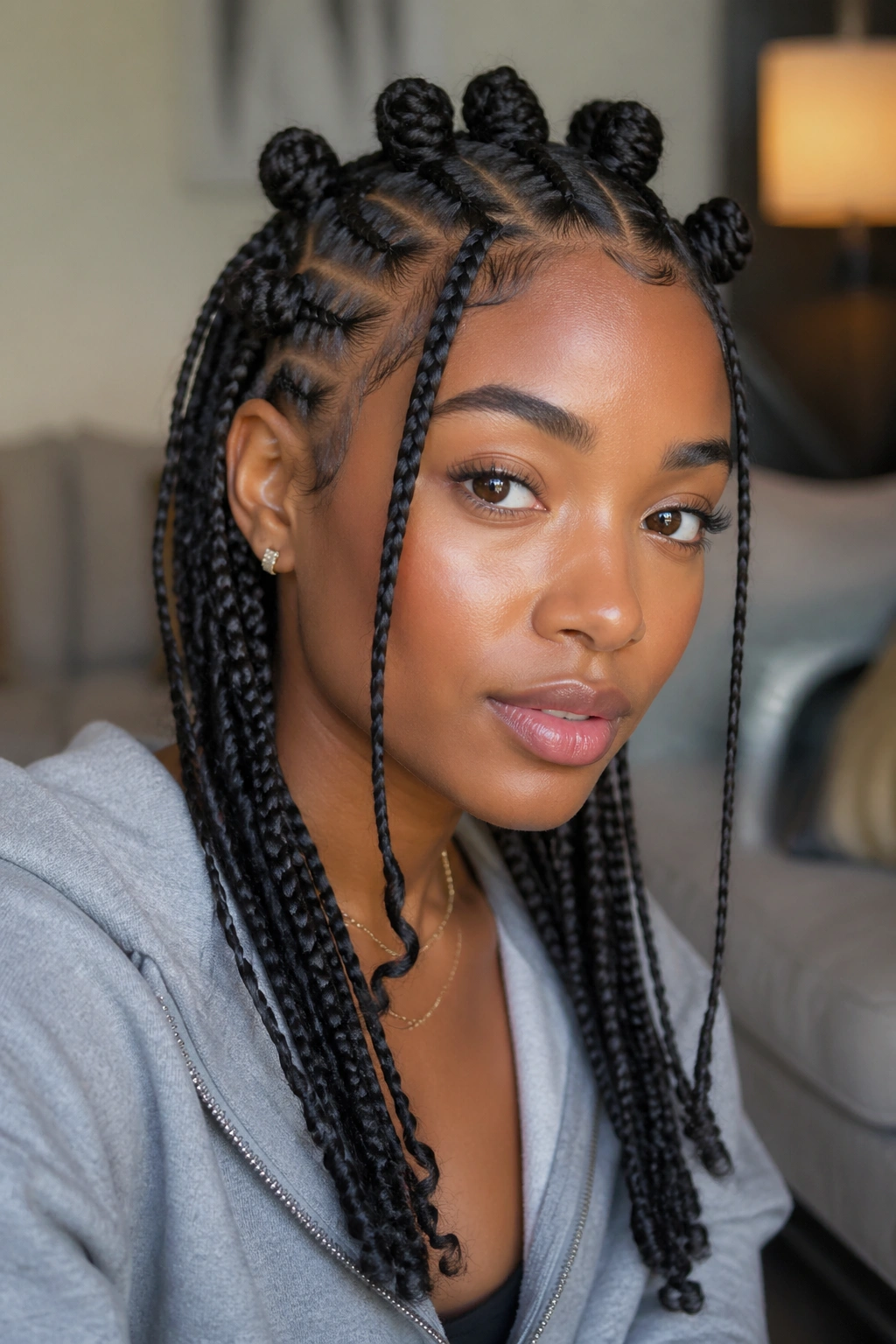 Close-up portrait of a real person with twists at the ends and a row of knots