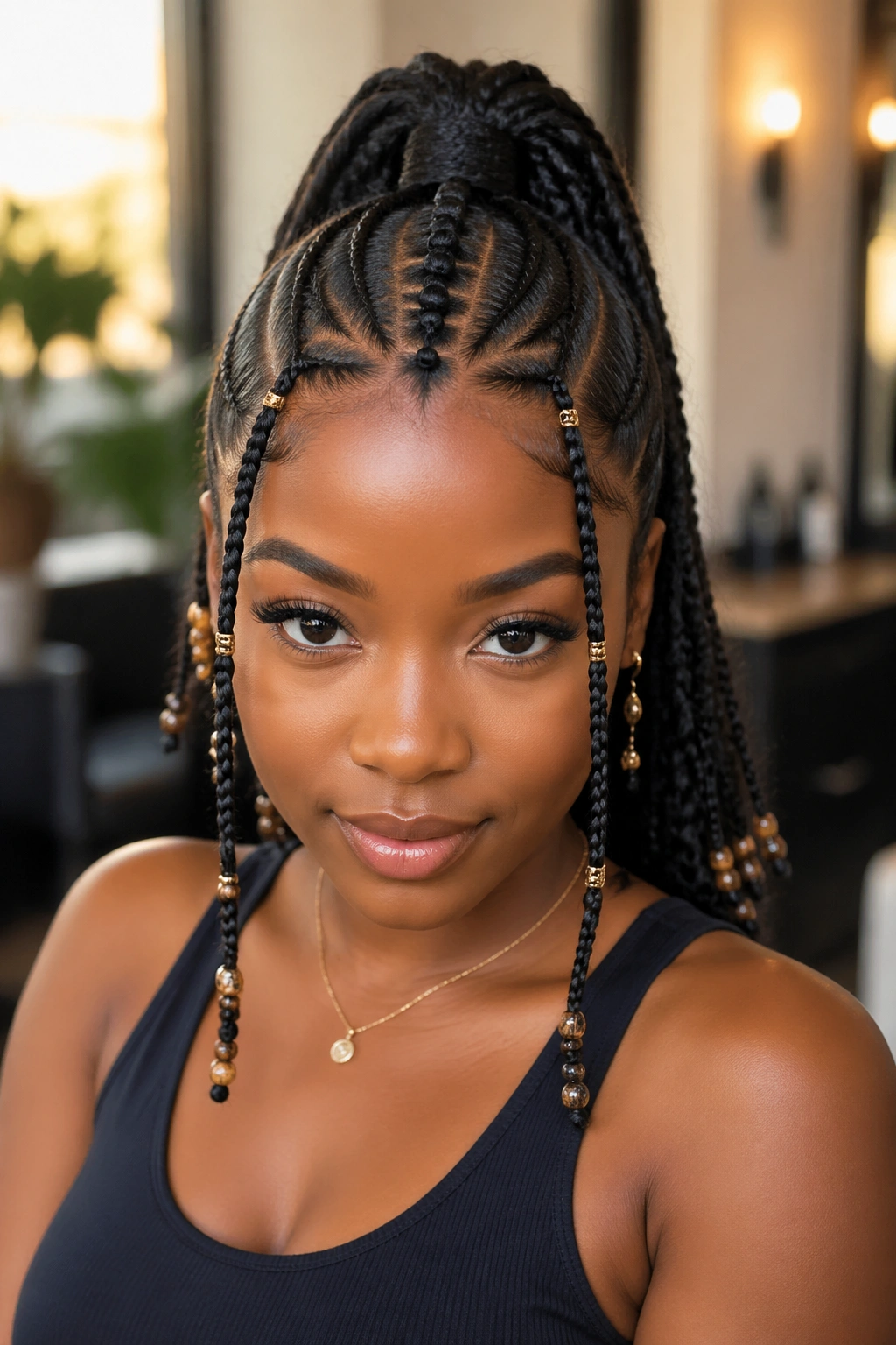 Close-up portrait of a woman with center-part Fulani-inspired ponytail featuring center knots and beads