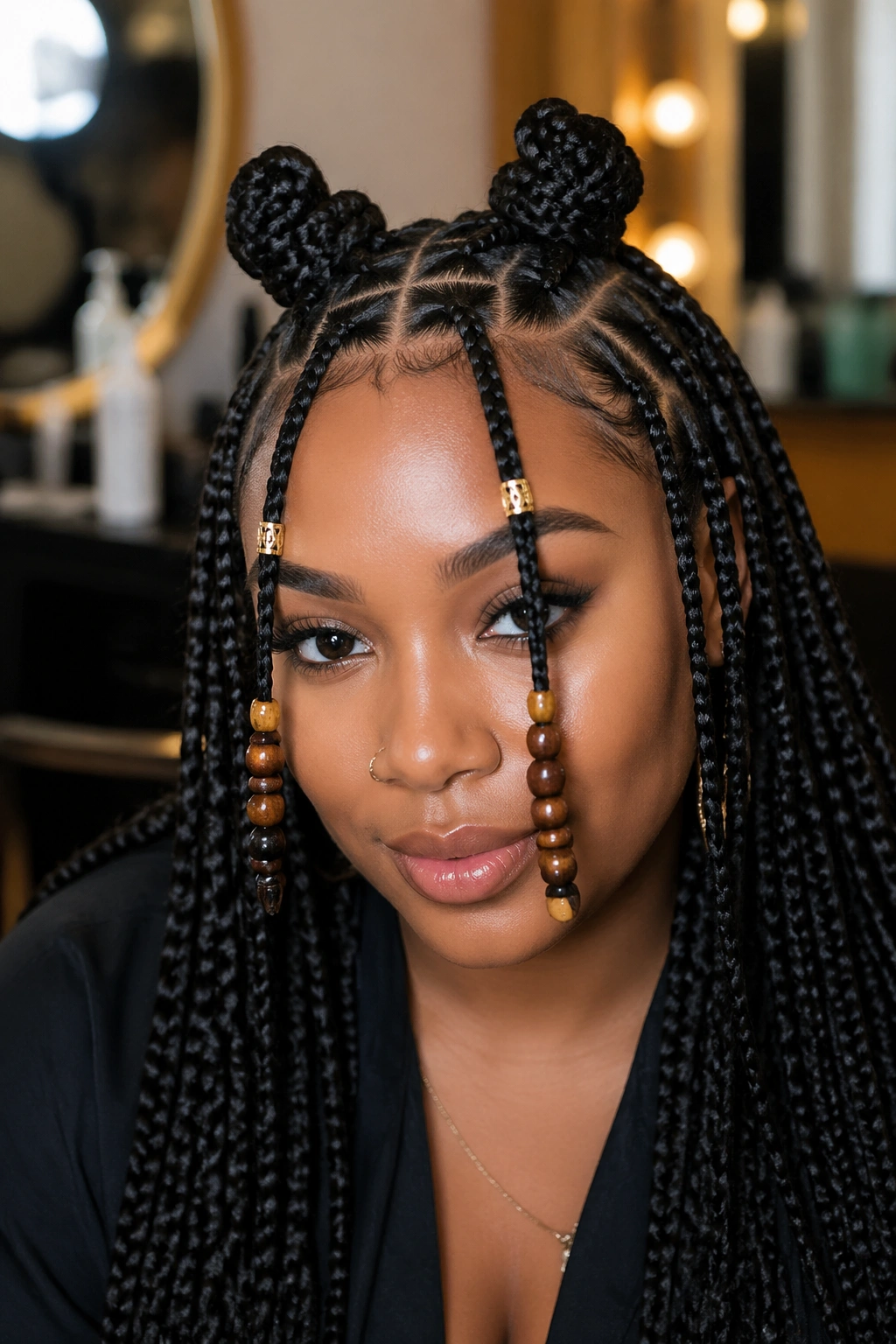 Close-up of a real woman with Fulani-inspired stitch braids and front knots beads
