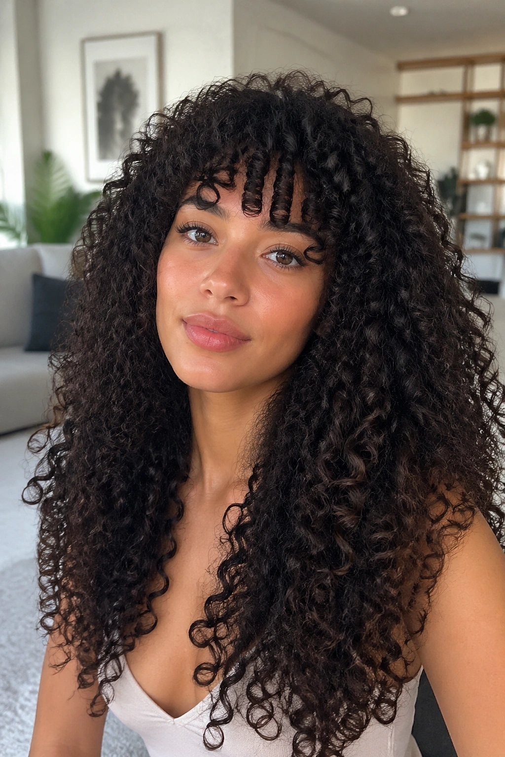 Close-up of a woman with a full curly fringe and tapered ends in bright daylight