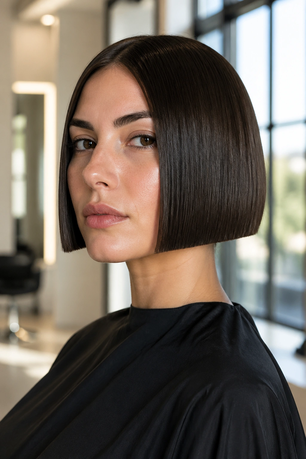 Portrait of a woman with a crisp geometric bob edge in daylight