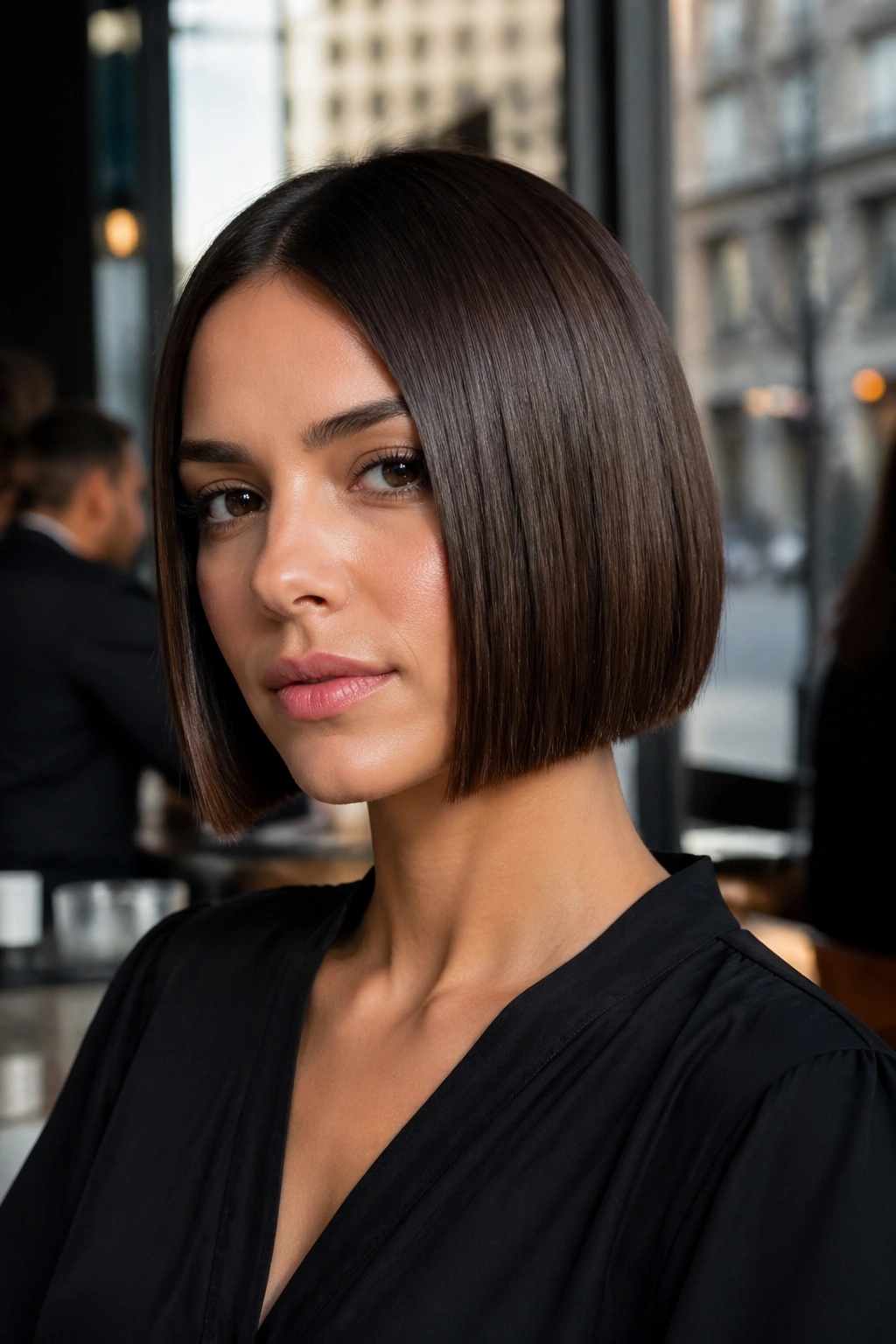 Close-up of a real woman with a crisp blunt geometric box bob in soft daylight at a city cafe