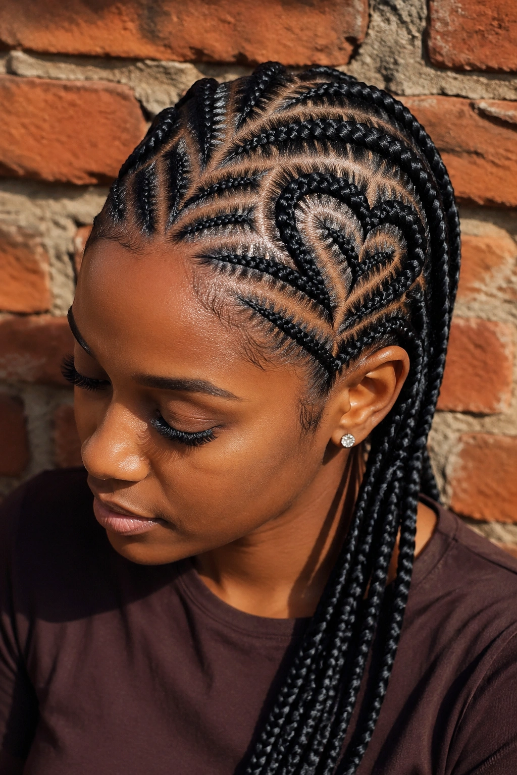 Close-up of a real woman with geometric heart cornrows against a brick wall