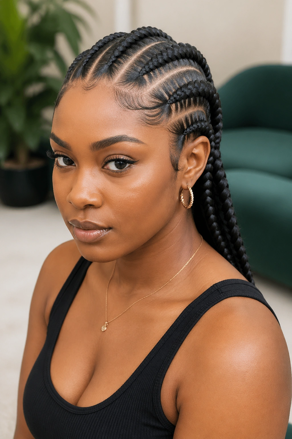 Close-up of a real woman with thick Ghana braids