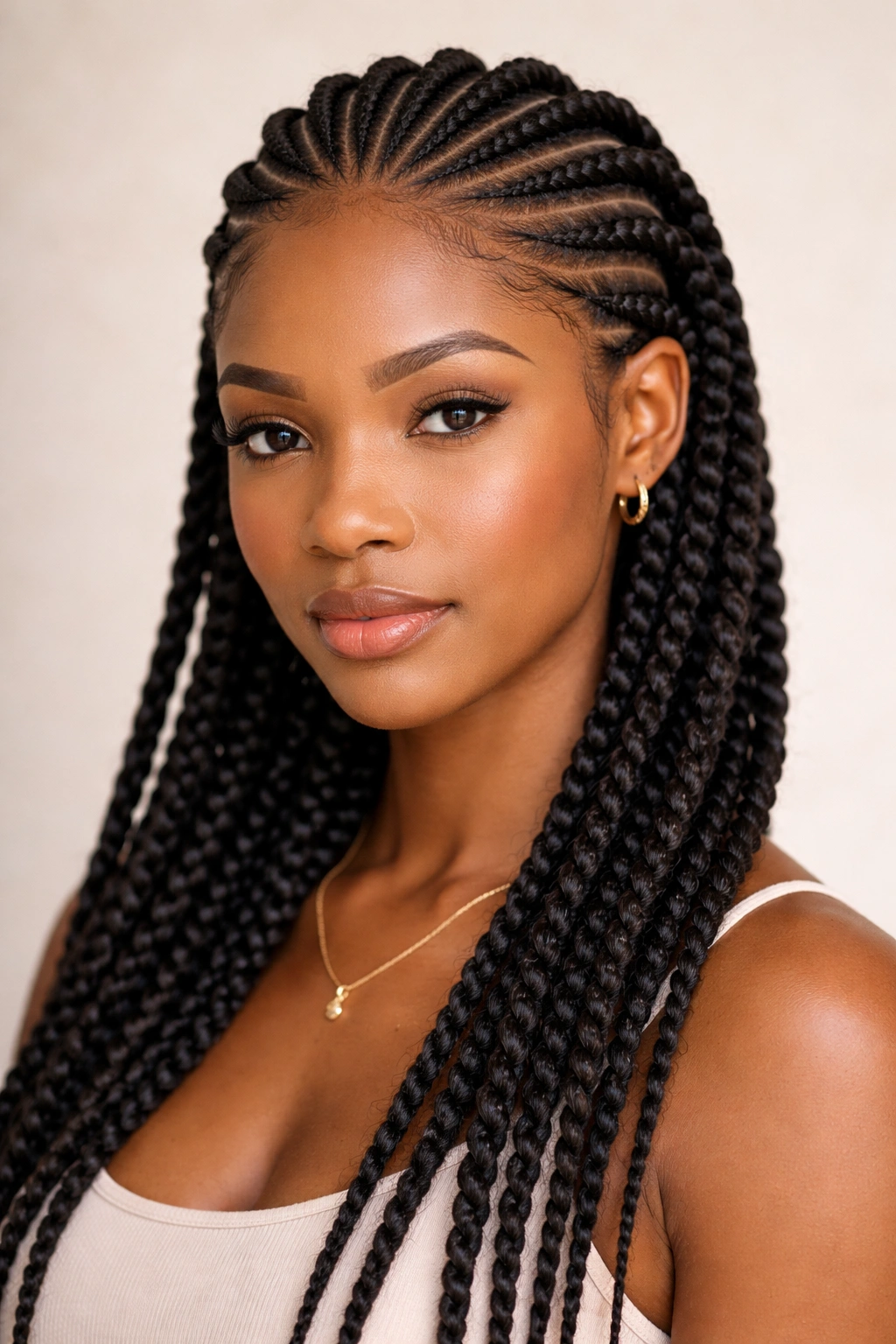 Ghana-style feed-in twist rows with clean scalp pattern.