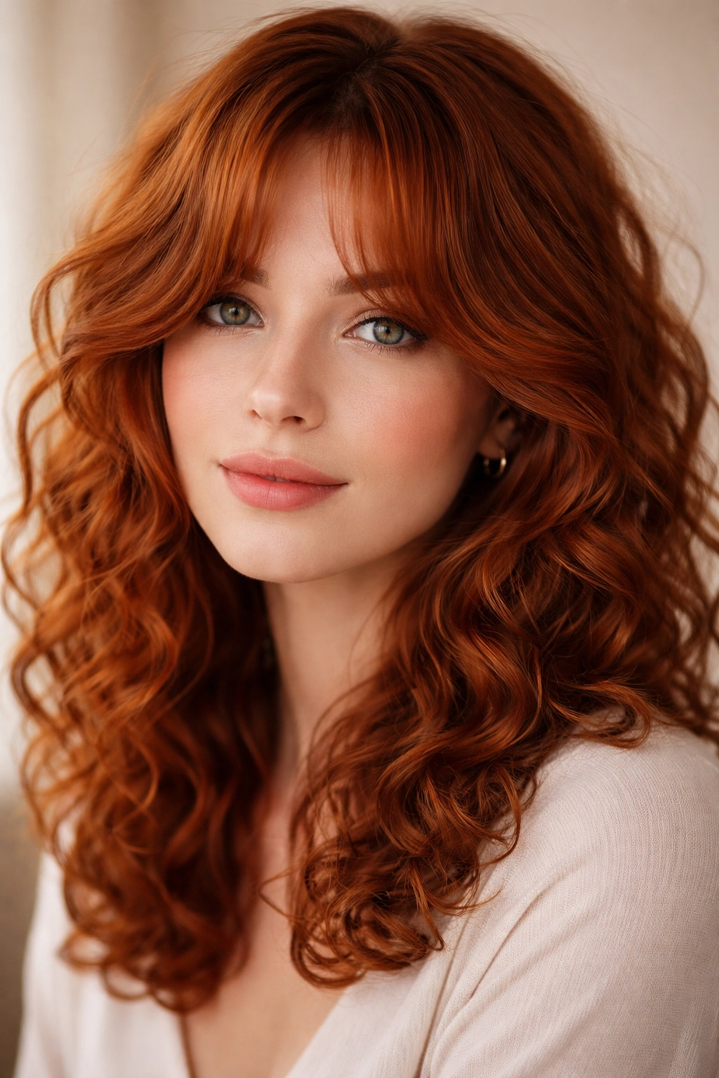 Ginger red curtain bangs framing a curly face