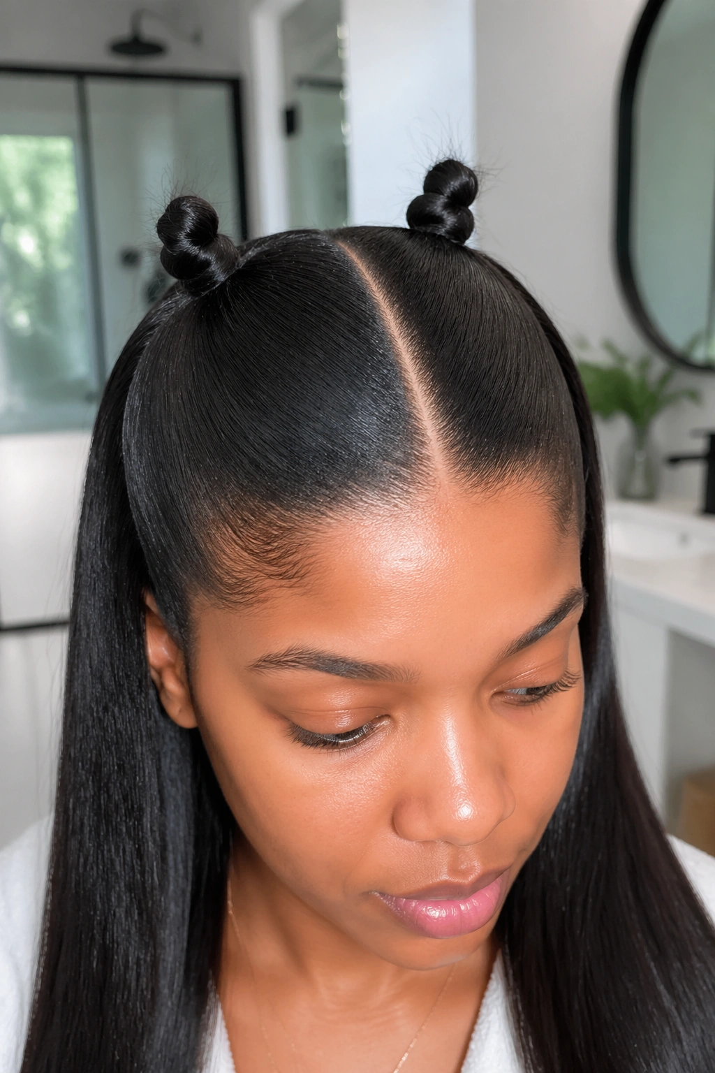 Close-up of glass-hair center-part with tiny knots on straight hair