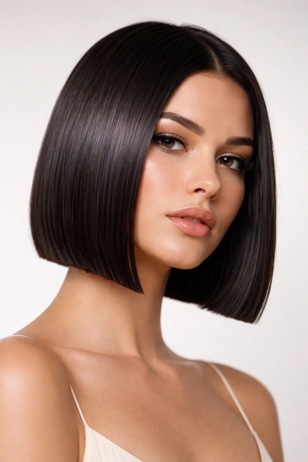 Glassy straight bob with crisp blunt ends and high shine