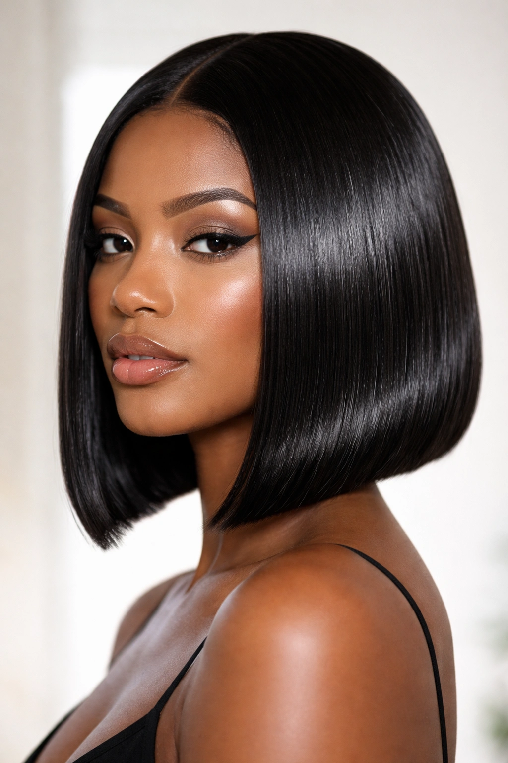 Close-up of a person with a glass-hair bob showing a mirror-like smooth finish