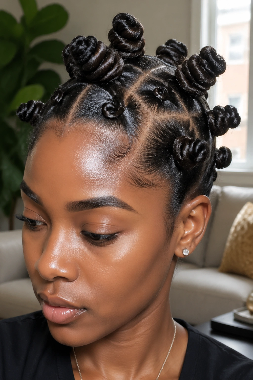 Close-up of real person with glossy sculpted Bantu knots