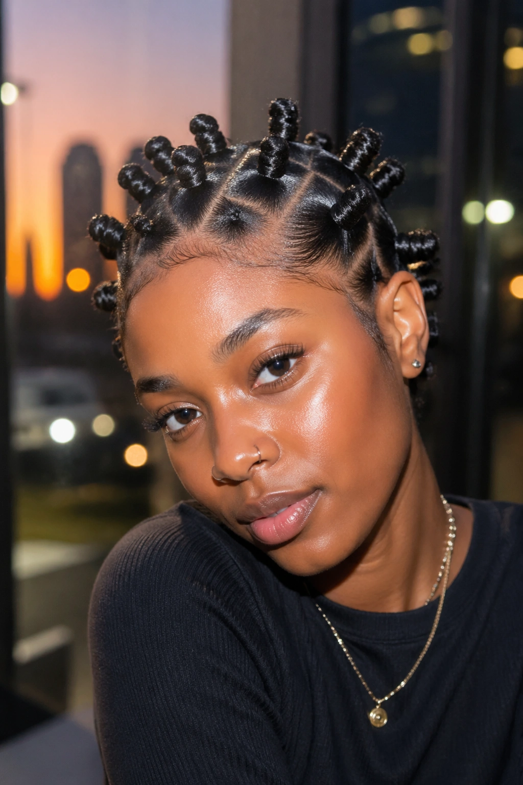 Close-up portrait of a real person with glossy bantu knots for long wear