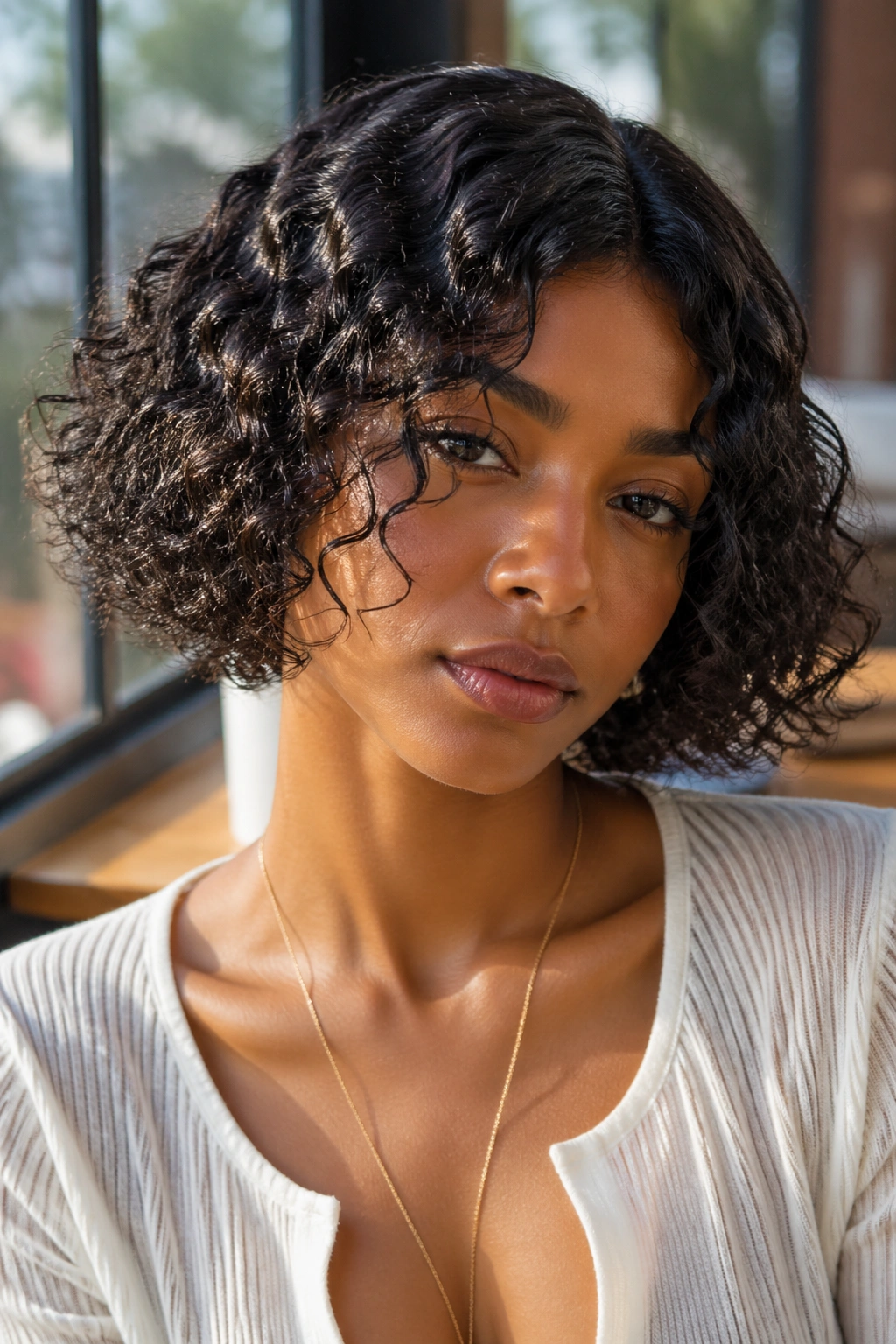 Real person wearing glossy curly bob with airy ends