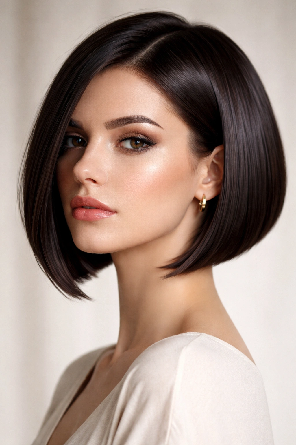 Close-up of a person with a glossy dark A-line bob and glass finish.
