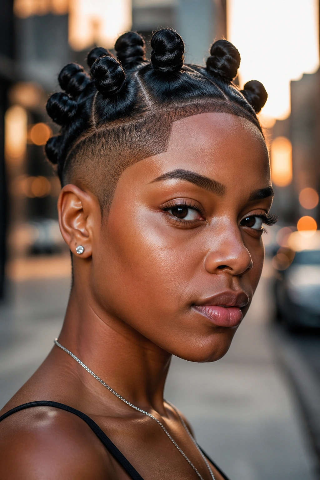 Close-up of glossy Bantu knots with razor-sharp lineup