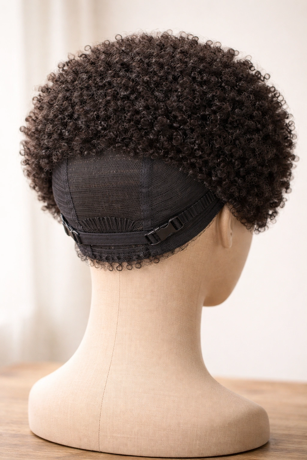 Glueless short Afro wig on head form with adjustable bands