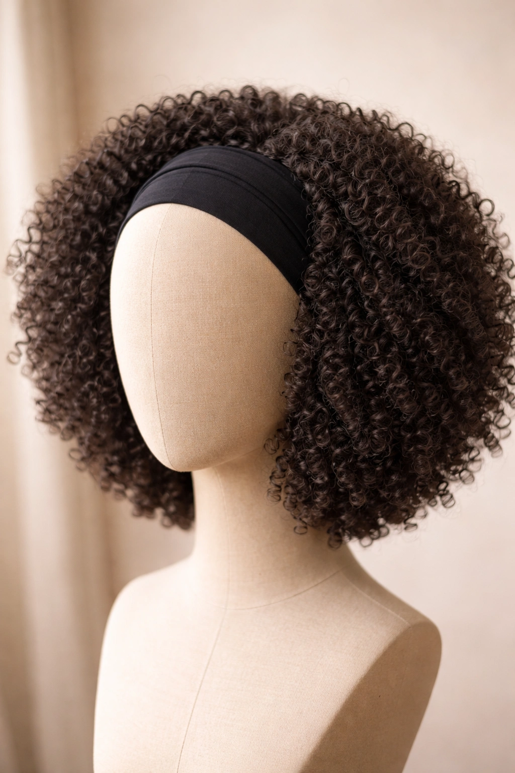 Glueless headband afro wig close-up showing fabric headband and dense curls