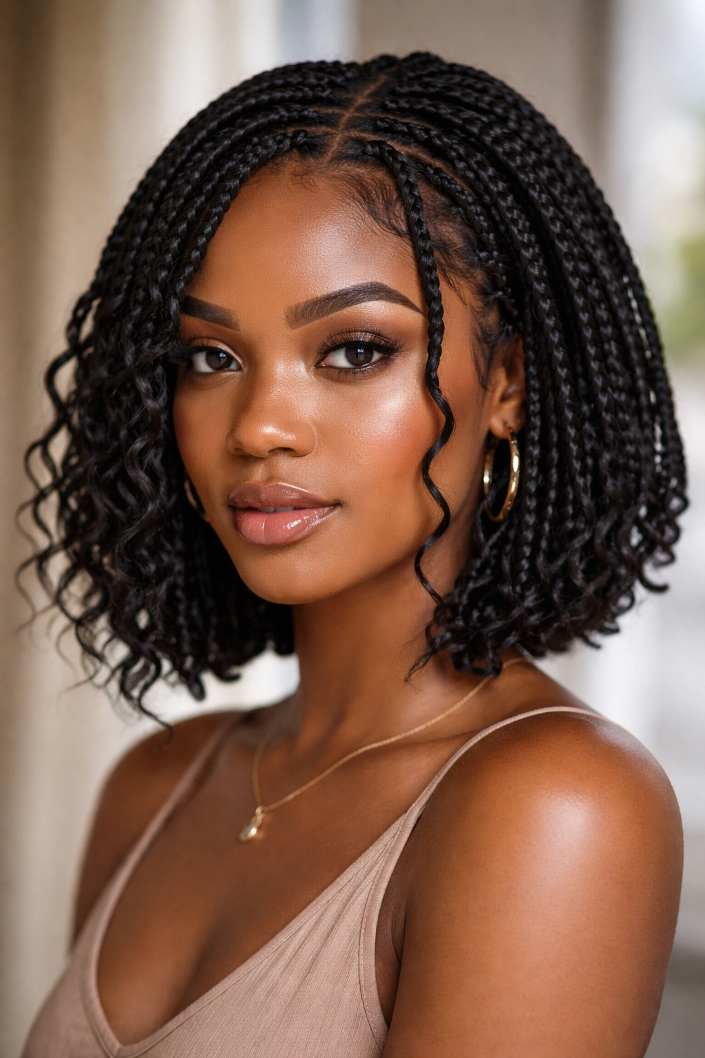 Goddess bob braids with curly leave-out pieces around the face
