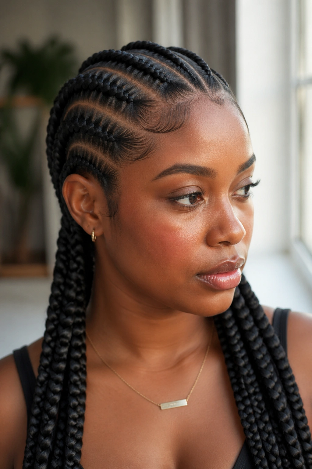 Close-up of a real woman's head with thick goddess braids around the crown