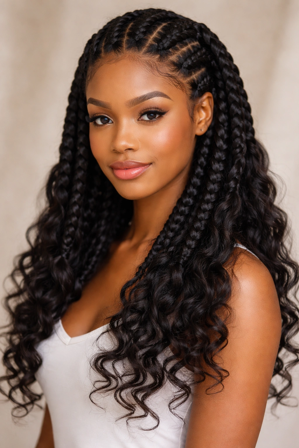 Goddess braids with loose curly ends on hair
