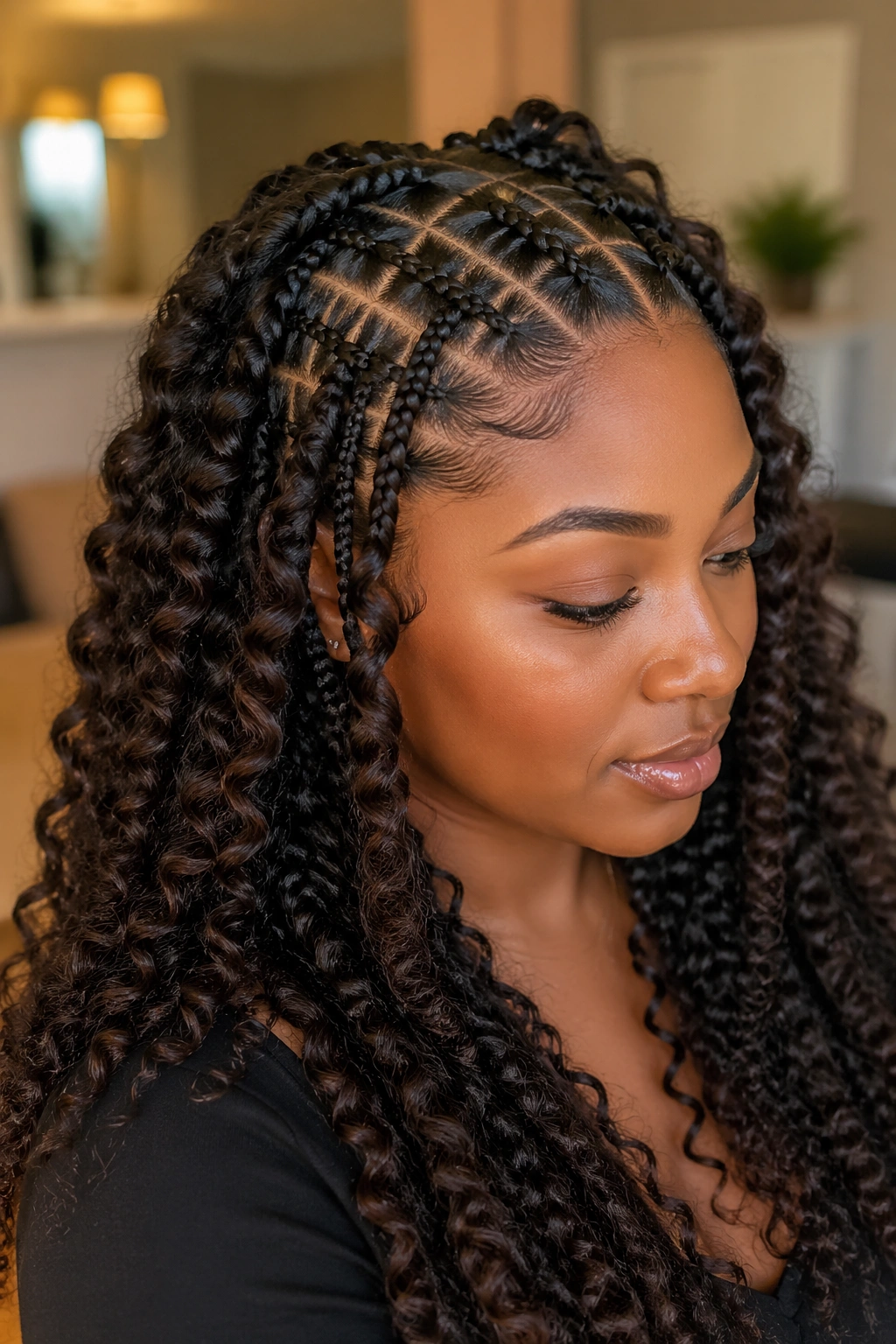 Goddess braids with curly feed-ins on a real woman.