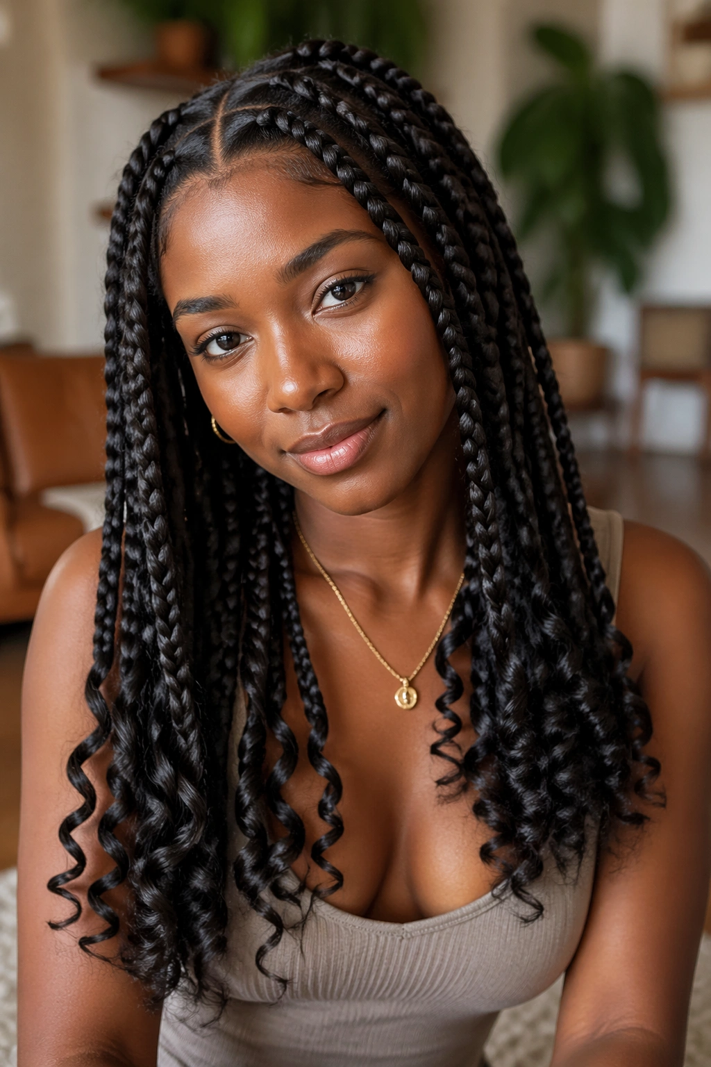 Close-up portrait of a real woman with goddess braids and loose curl ends
