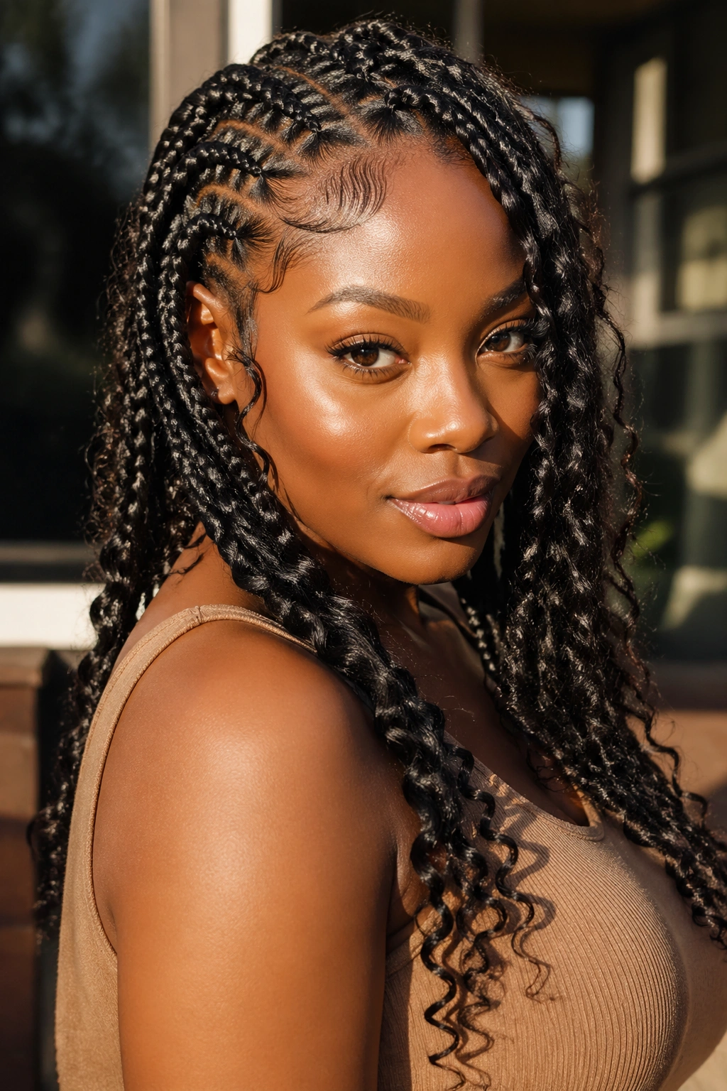 Real person wearing goddess braids with loose curly pieces, side-parted.