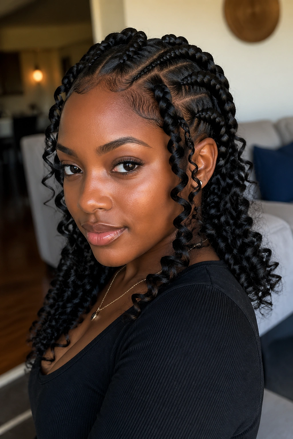 Close-up of a real person with goddess braids and curly ends