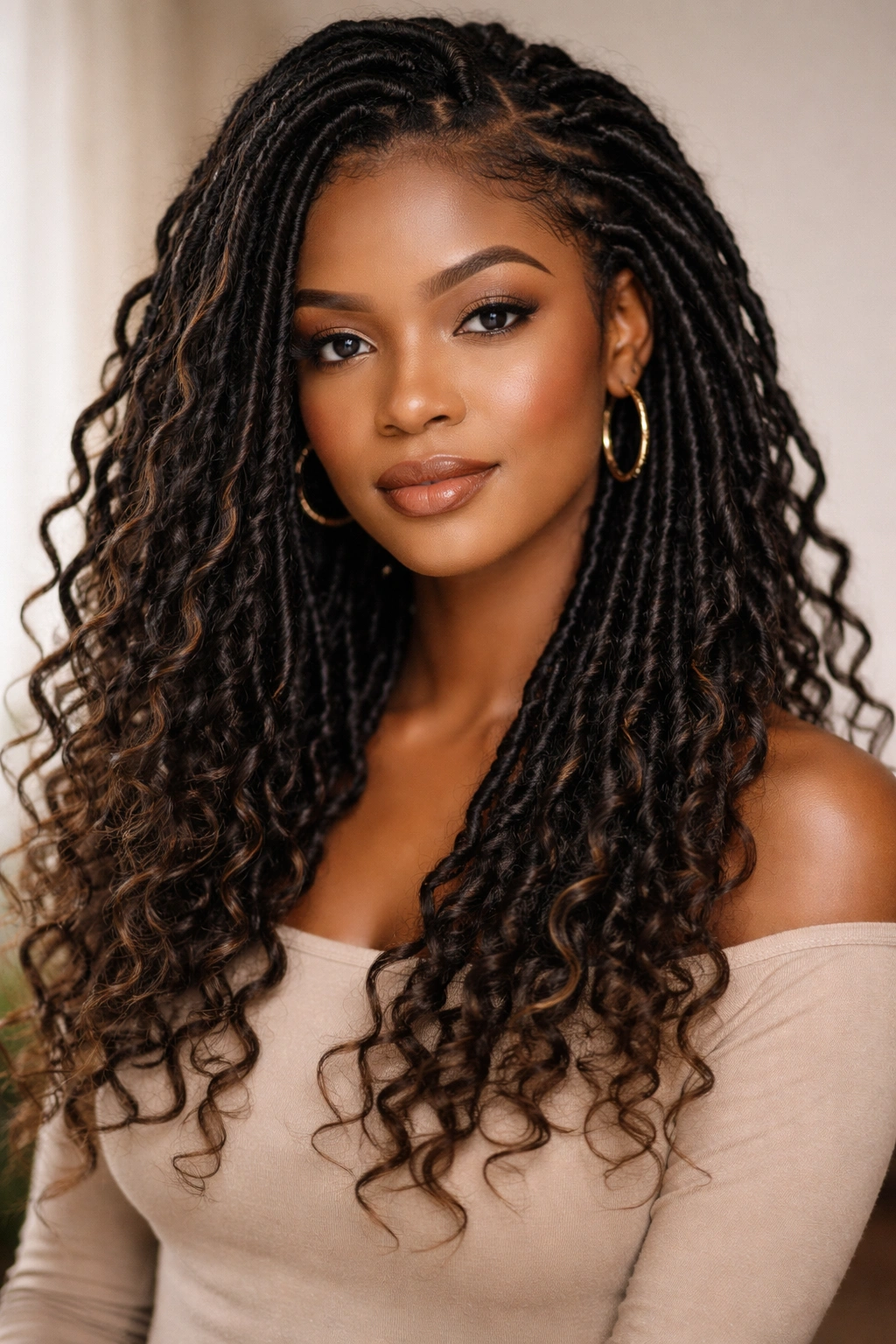Goddess locs with loose curly ends framing the face on afro-textured hair