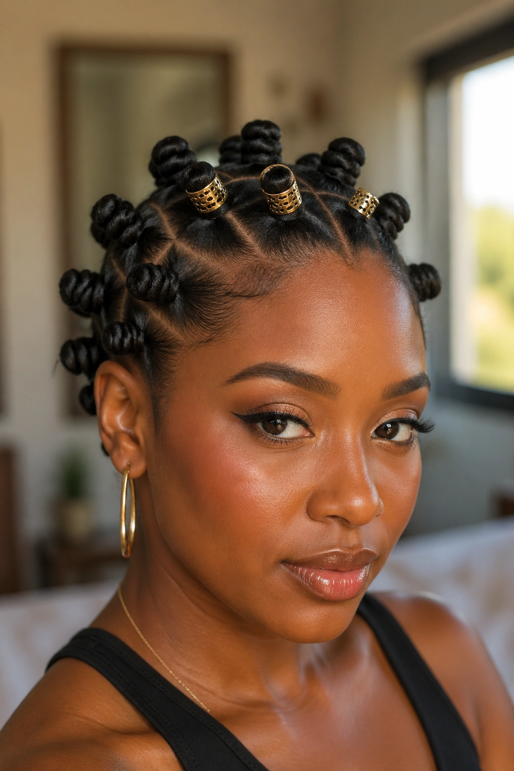 Close-up of bantu knots with gold cuffs on a real person
