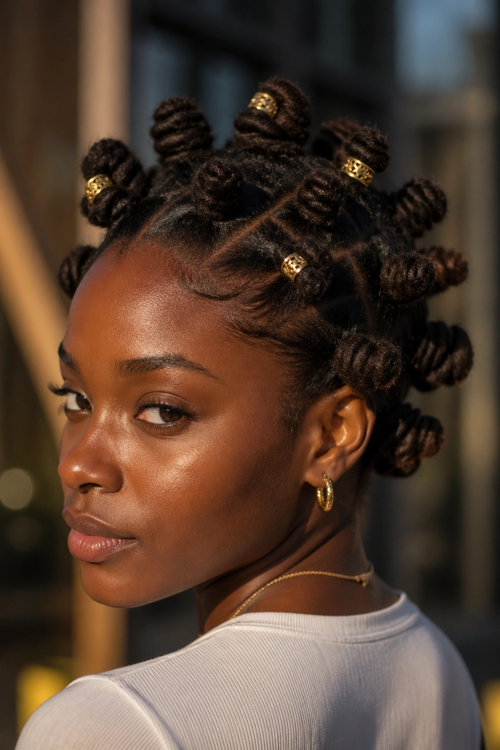 Real person with gold cuff knots adding shine to locs
