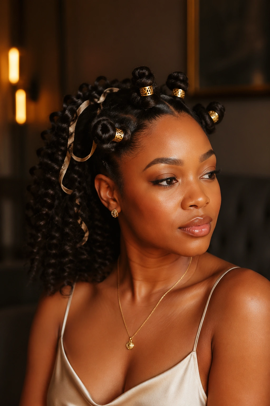 Portrait of a woman with gold cuffs and ribbon-trimmed back curls.