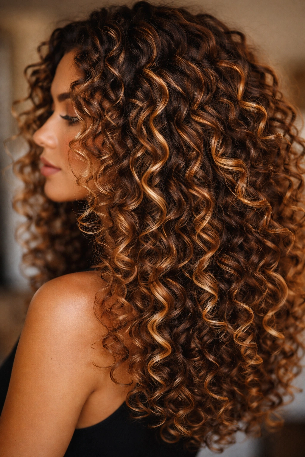 Close-up of curls in golden bronze balayage with warm highlights
