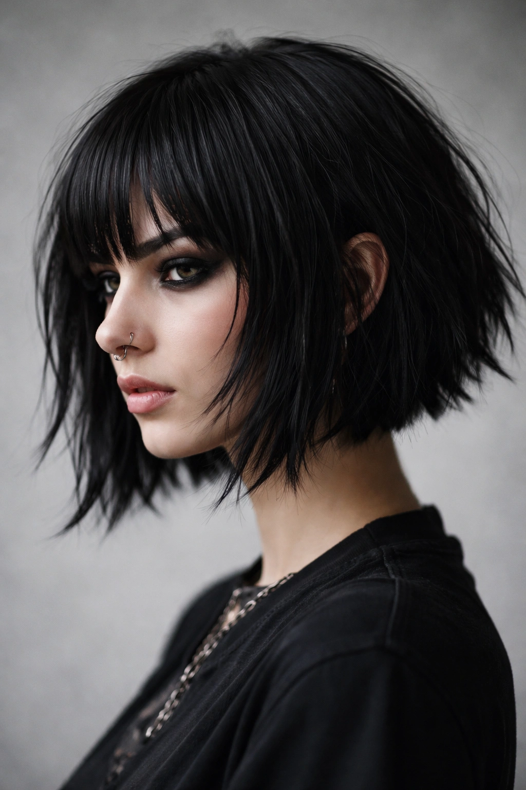 Choppy goth bob with razored ends showing jagged, textured perimeter
