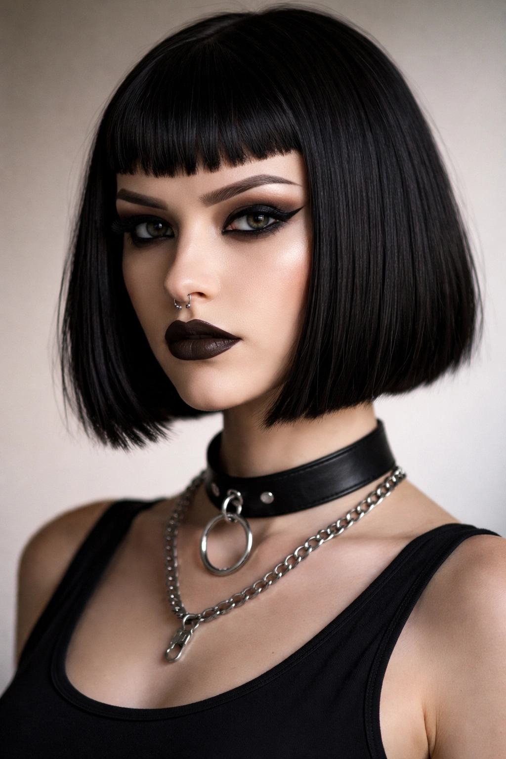Close-up of jet-black blunt goth bob with micro fringe, sharp jaw-length line