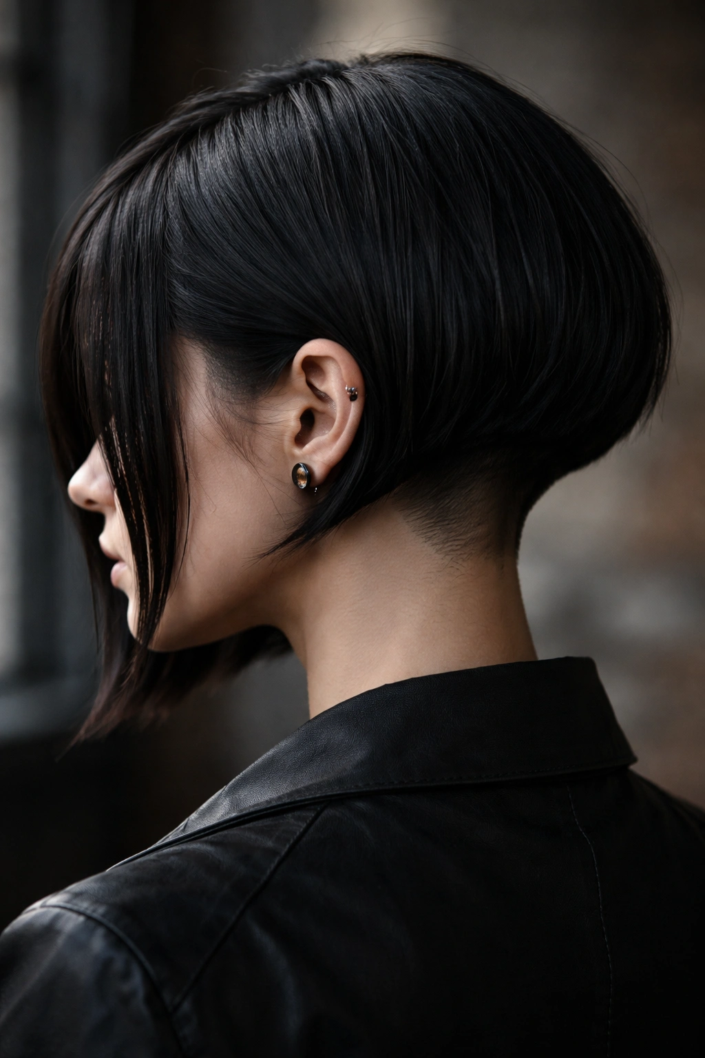 Undercut goth bob with hidden weight removal showing clean top line