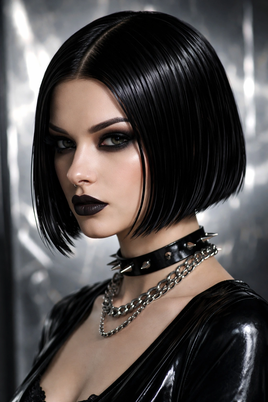 Wet-look sleek goth bob with glossy, close-to-scalp finish
