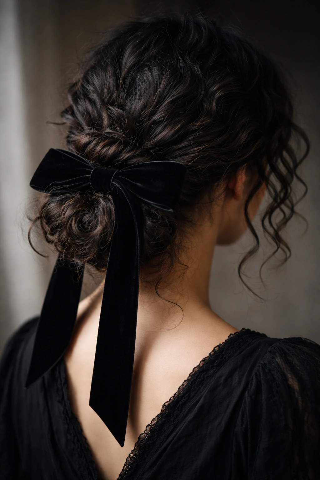 Close-up of low curly bun with velvet ribbon in goth style