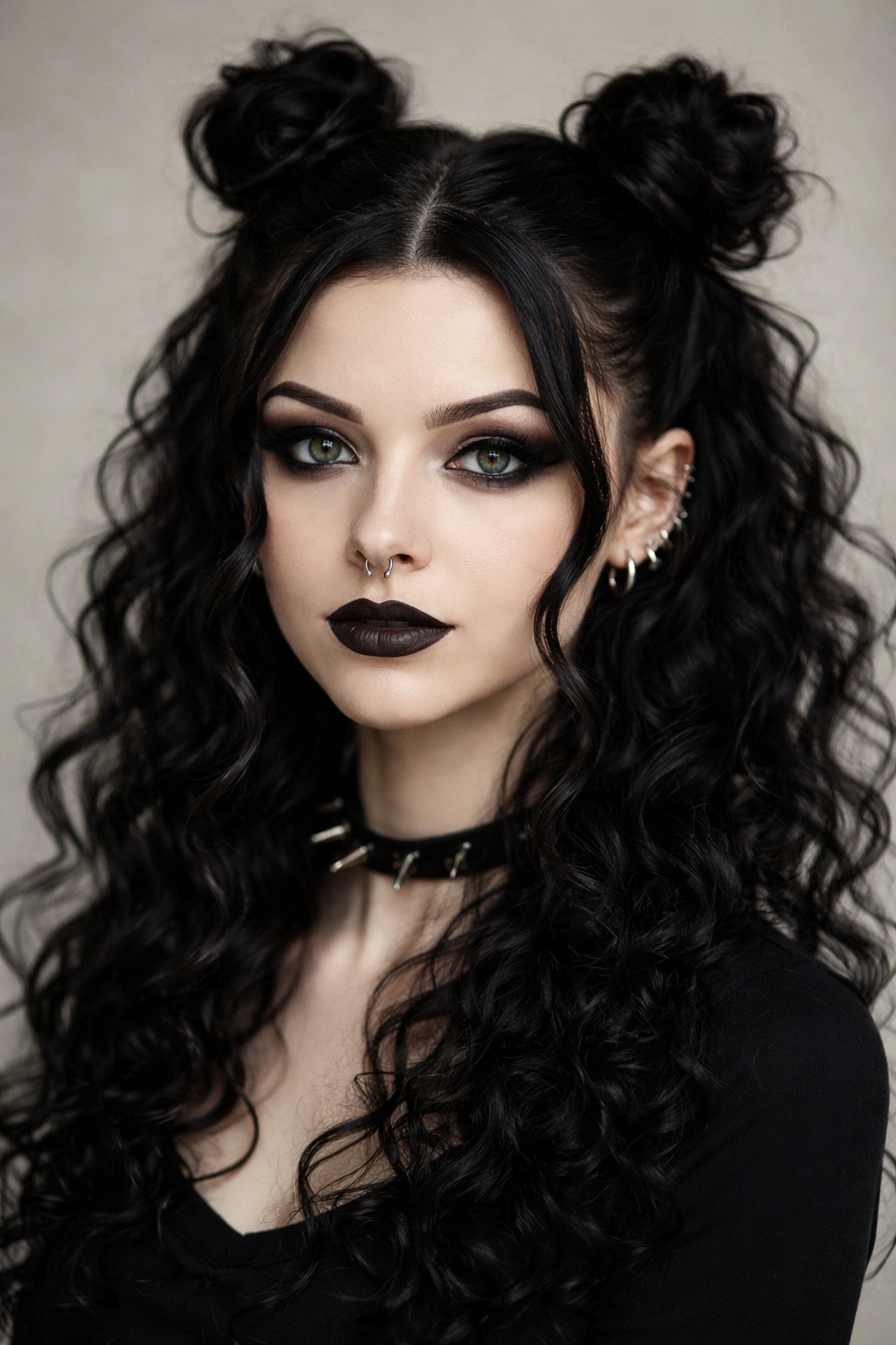 Close-up of Half-Up Space Buns with Loose Curls goth hairstyle with face-framing curls