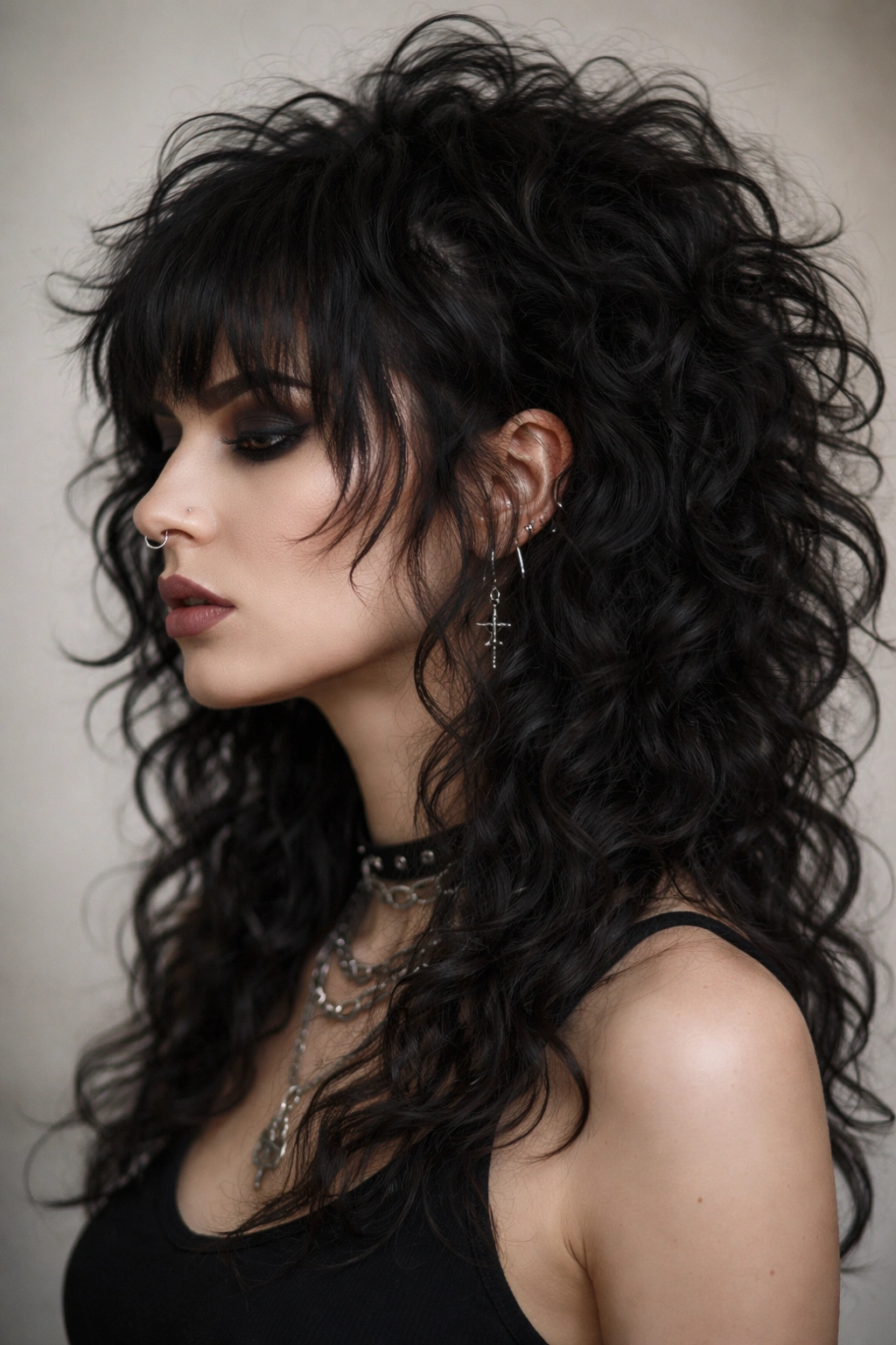 Profile of Curly Wolf Cut with Choppy Fringe showing volume and jagged fringe