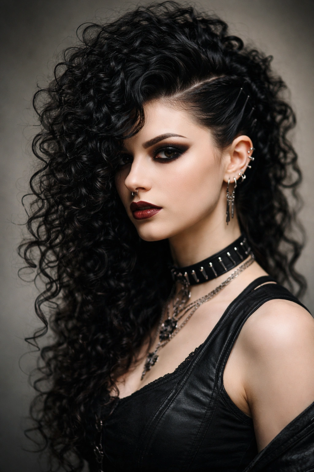 Three-quarter view of side-swept curly mohawk hairstyle
