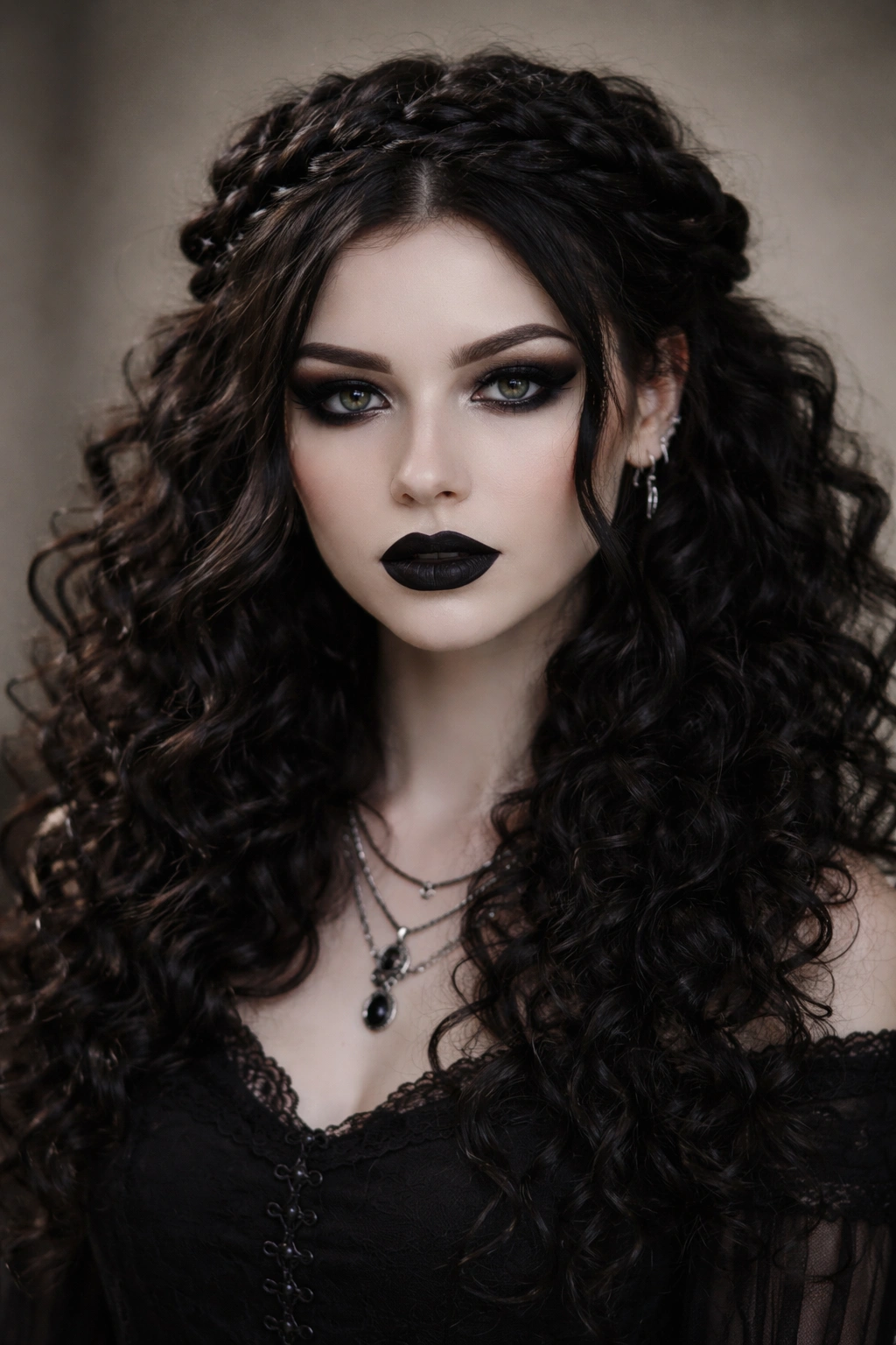 Head-on view of braided crown with released ends on curly hair
