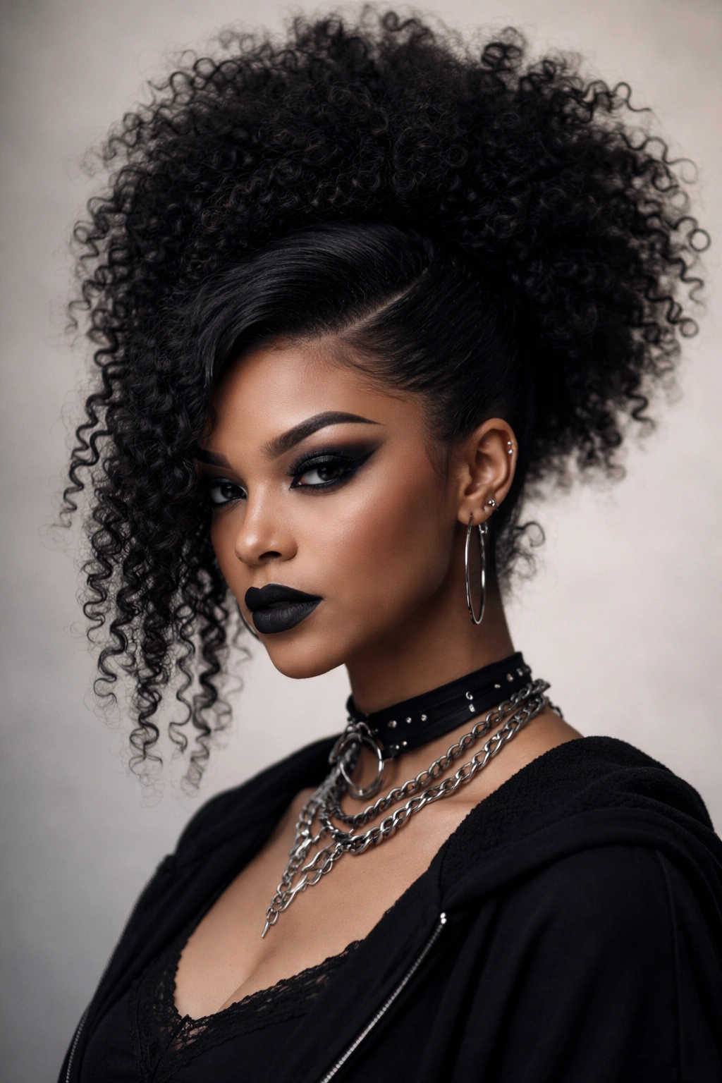 Portrait of Sleek High Puff with Deep Side Part on curly hair