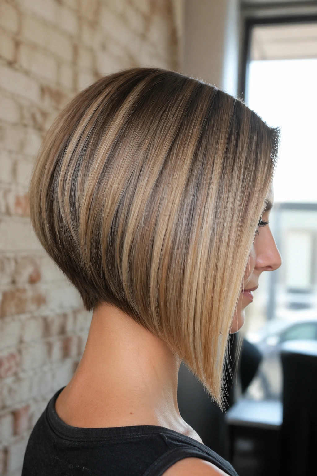Portrait of a real woman with a graduated A-line bob, showing the layered angle.