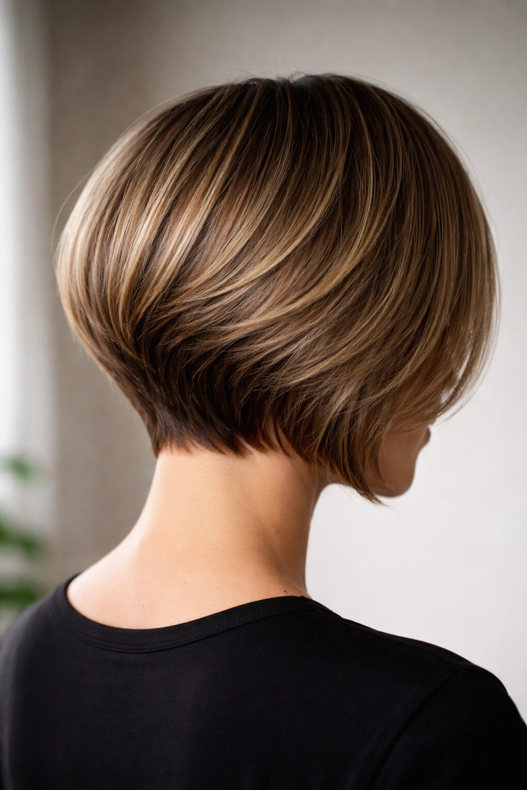 Rear three-quarter view of a graduated bob with lifted back and stacked nape layers
