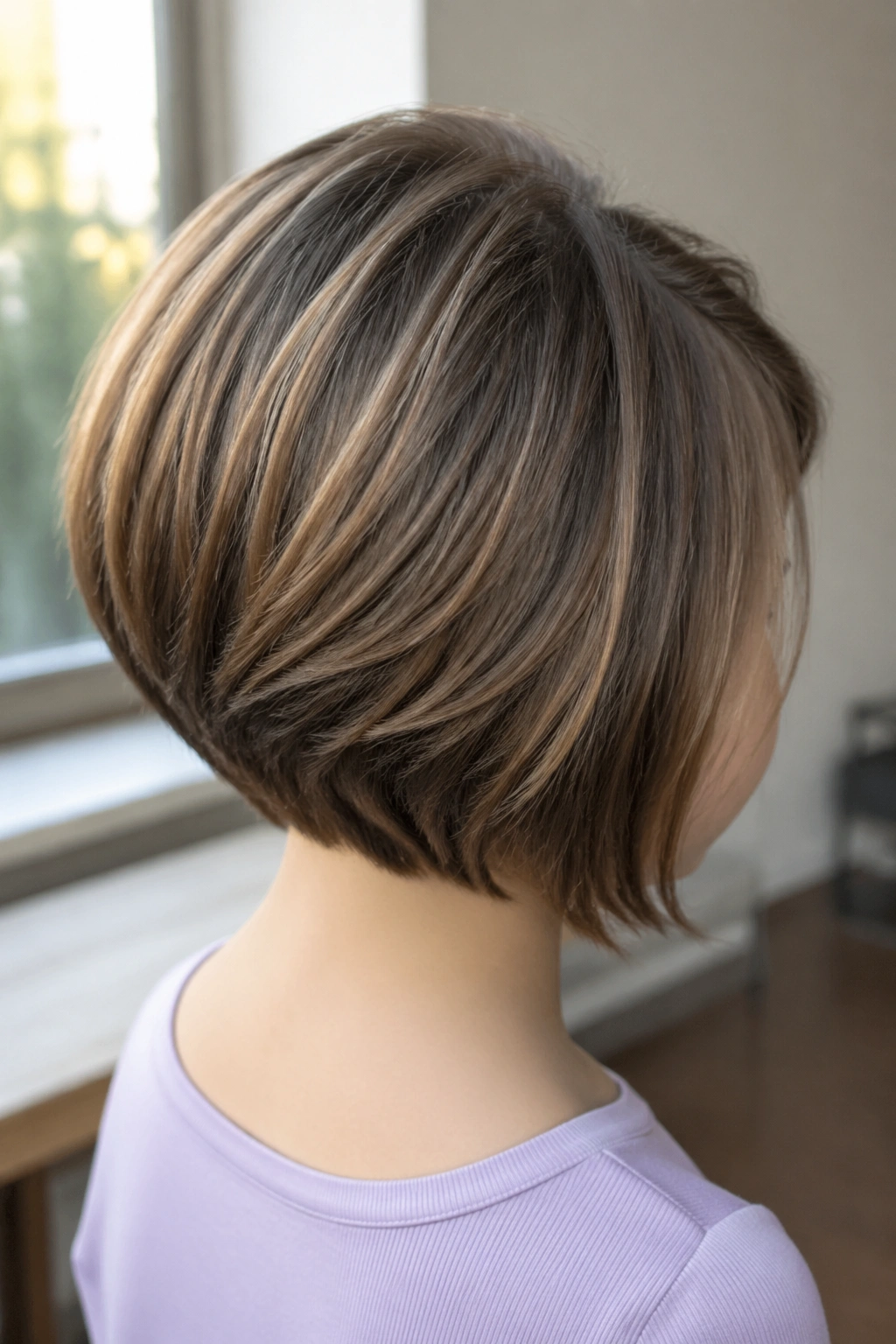 Three-quarter rear view of a child showcasing a softly stacked graduated bob