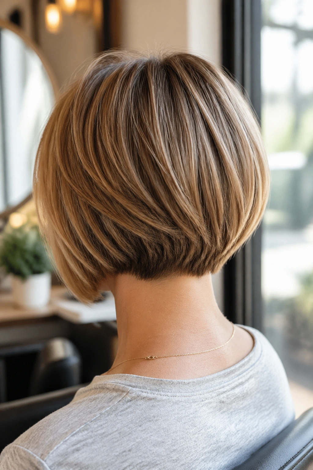 Back-of-head view of a real woman showing a graduated bob with subtle nape stacking